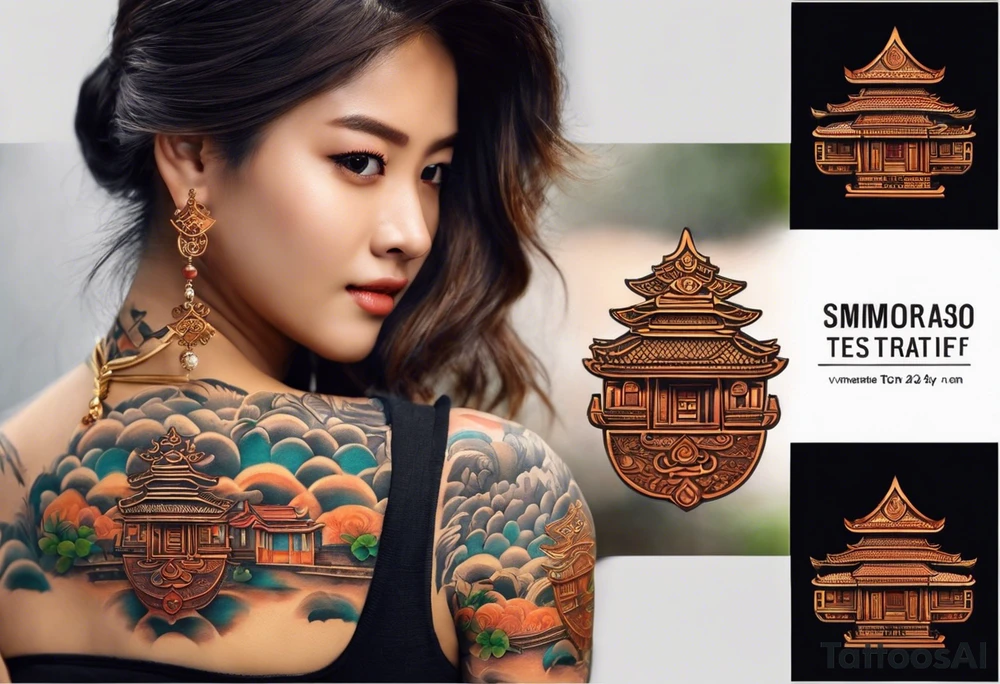 quiero crear una composicion para un tatuaje del antebrazo completo con pequeños tatuajes de tematica asiatica que incluya una rana con sombrero de vietnam, varios guerreros de terracota y una imagen del templo de camboya ankor tattoo idea