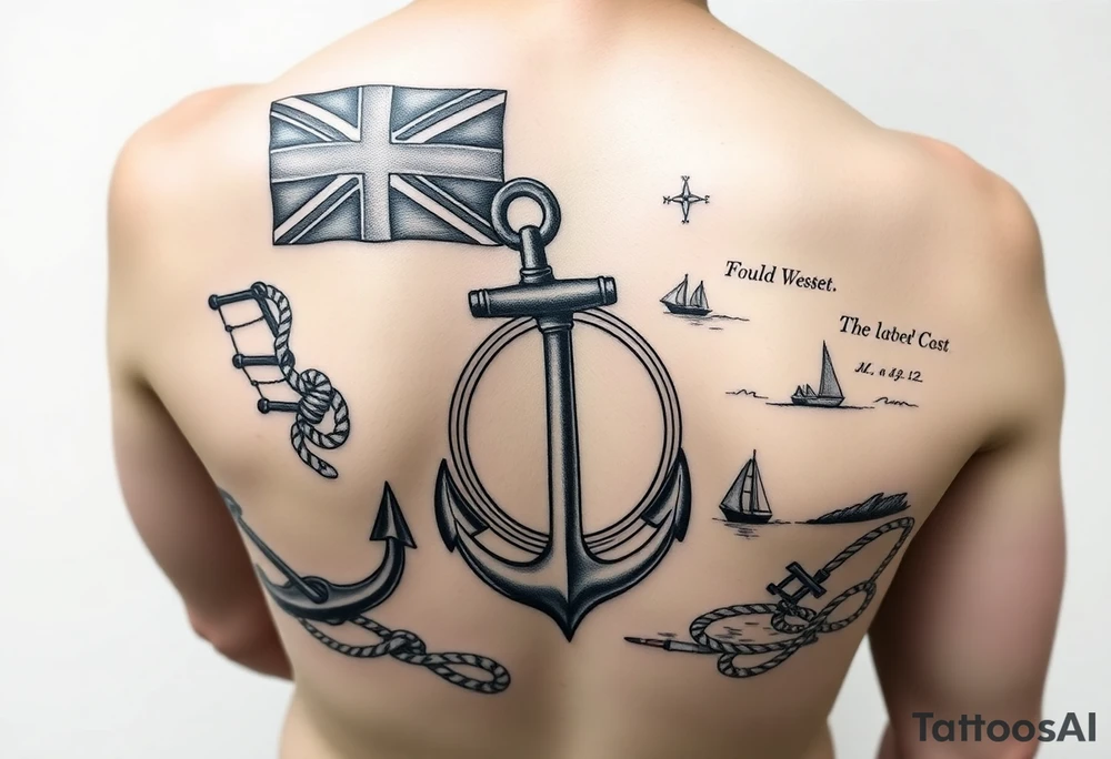 Generate a tattoo template for a single lower leg sleeve featuring a British merchant navy red ensign flag, a plimsoll line, a fouled anchor, nautical ropes and knots, a pilot ladder, a nautical compass with the needle pointing North West, elements of a nautical chart of the East Yorkshire coast, and the southern cross star constellation, Humber bridge, Whitby abbey, contours from around Whitby and coastline, wreck symbols, soundings, 199 steps Whitby tattoo idea