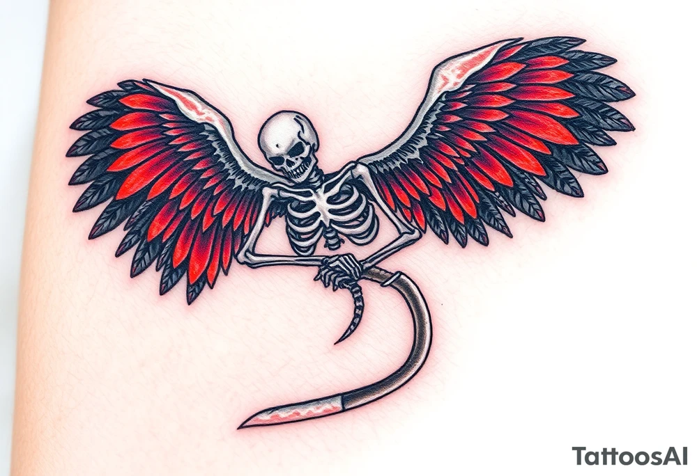 A winged skeleton clutching a scythe, its wings composed of intertwined black and blood-red feathers with highlights of dark orange at the edges. tattoo idea