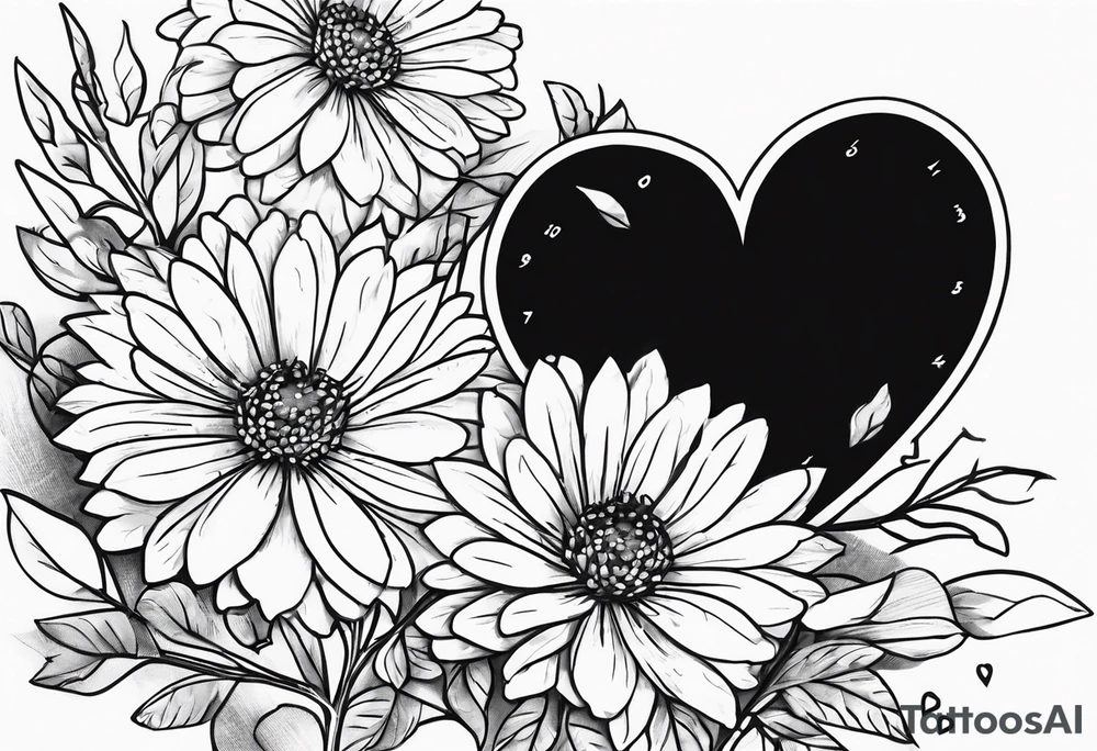 Heart with aster flowers and Cameron as the line to draw the heart and the time 8:34am written in words tattoo idea
