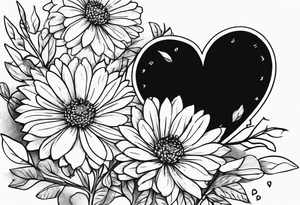 Heart with aster flowers and Cameron as the line to draw the heart and the time 8:34am written in words tattoo idea