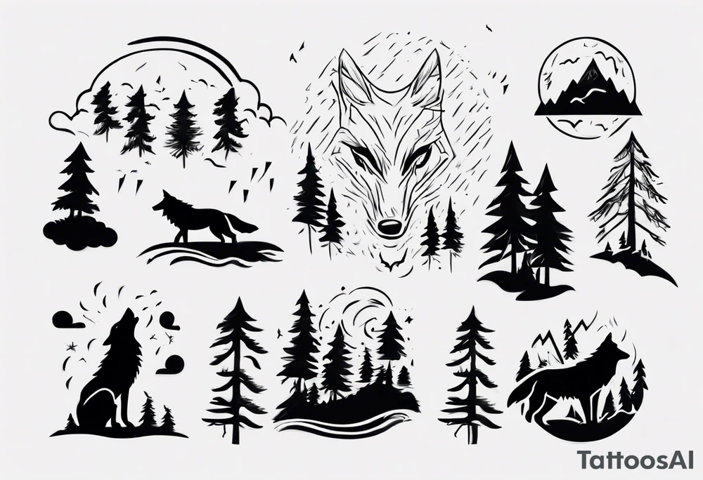 a thunderstorm over a forest and a wolf howling tattoo idea a thunderstorm over a forest and a wolf howling tattoo idea