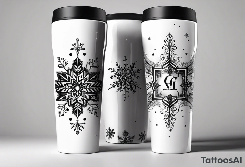 Christmas 2024 personalized name banner on a 20 oz tumbler minimalist snowflake motif tattoo idea