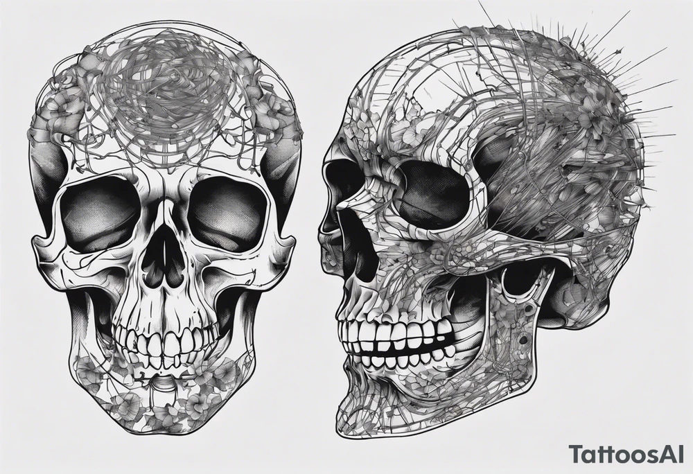 Skull covered in wires tattoo idea