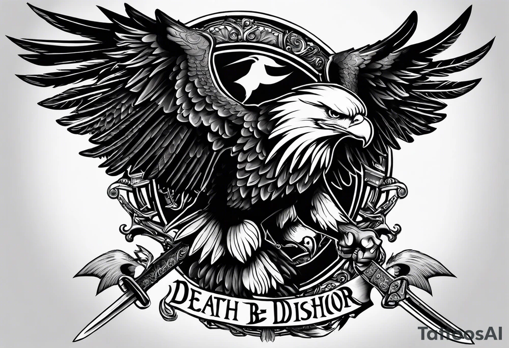 Eagle. Clutching a sword. Scroll with the words "Death Before Dishonor