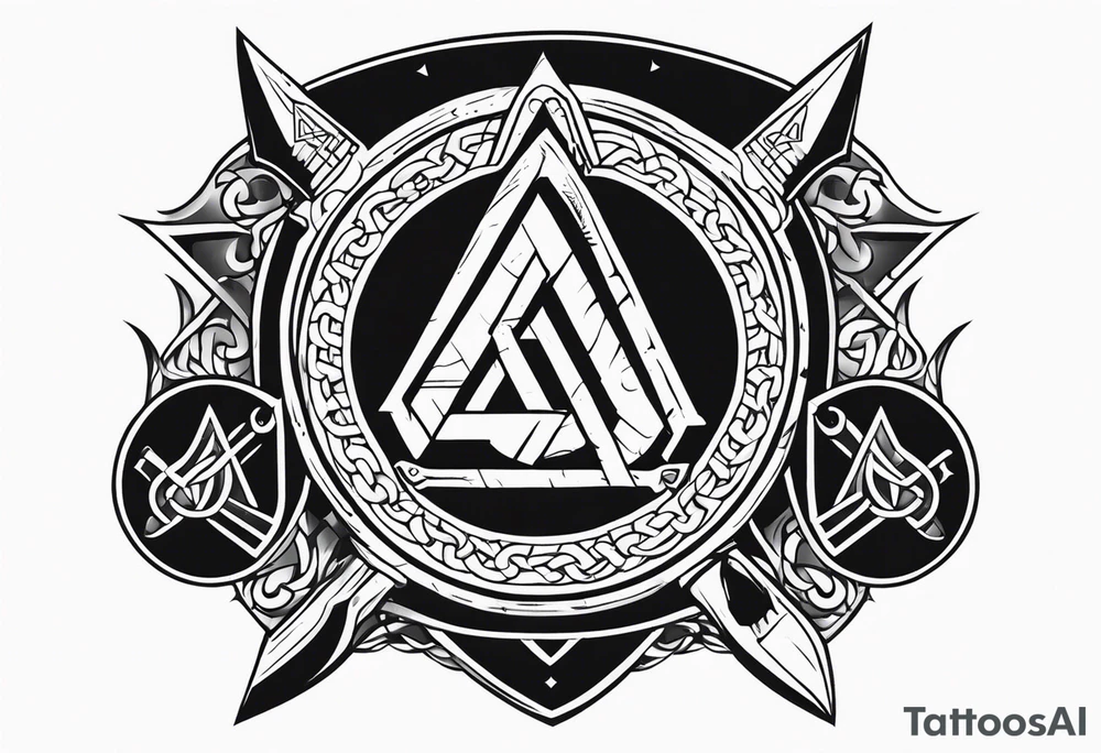 Valhalla shield sword axe Valknut fire tattoo idea