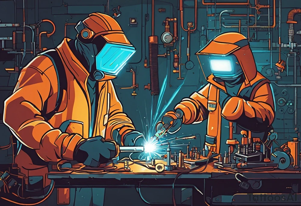 Two 60-year-old characters working together on creating a big mechanism made of iron, gems and electronic circuits. The first character is a welder, dressed in a welding suit and mask. The second character is a fitter, wearing a shirt with sleeves rolled up to the forearms and a tool belt. has no hat. The mechanism they are working on should be in the center of the drawing, should look like a human heart and to be 1\5 of the whole immage.  Characters positioned on either side of the mechanism. tattoo idea