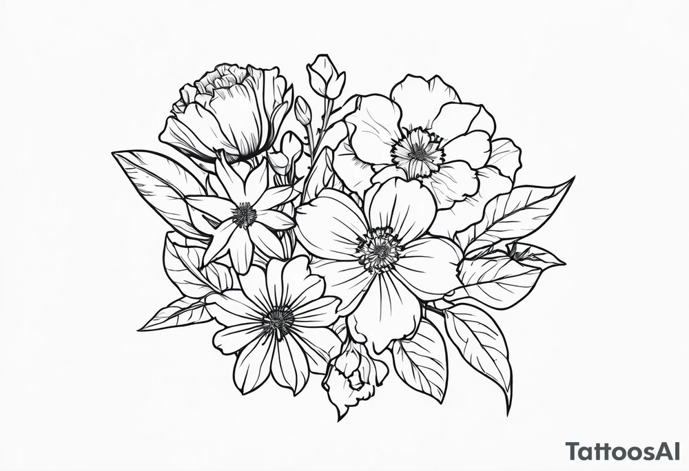 small minimalist black and white tattoo of a flower bouquet that MUST include 6 DIFFERENT flowers with ONE OF EACH: a carnation, a daffodil, a lily stock, a rose, a cosmos, and a chrysanthemum. tied together with a small bow tattoo idea