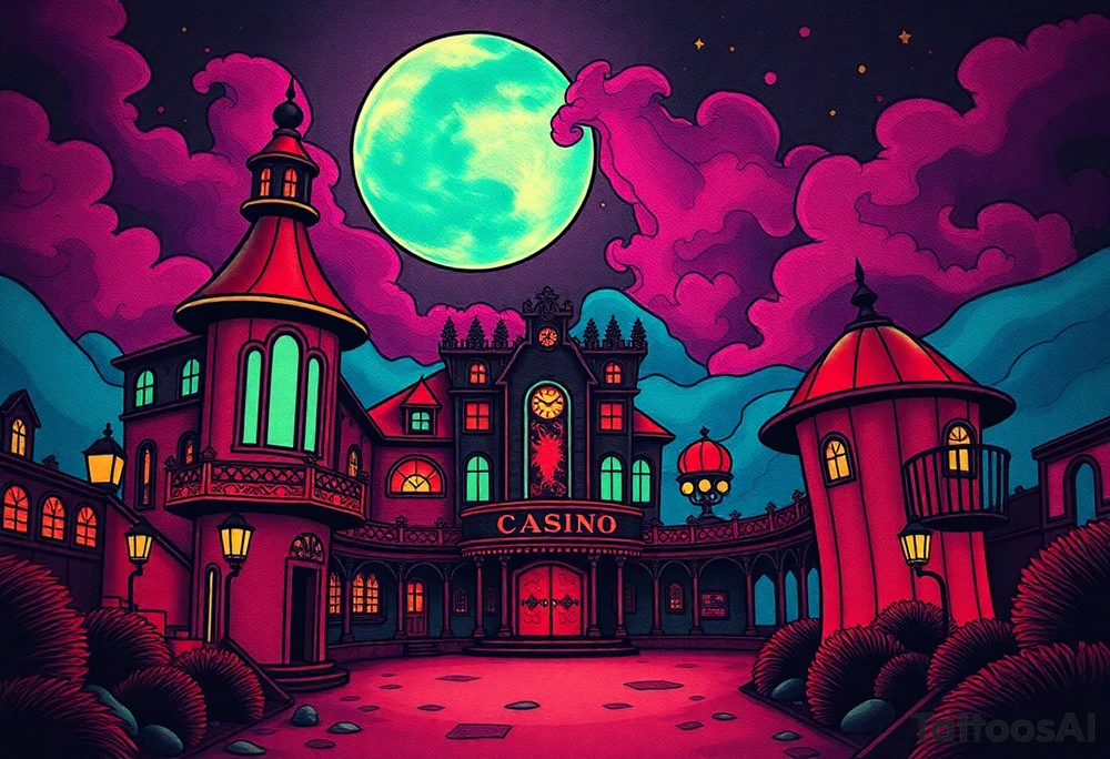 Tim Burton’s haunted casino is abandoned and dripping with muted reds, dusty pinks, and eerie green glow.purple and cyan smokey clouds swirl in the crescent moonlit sky thats sprinkled with stars tattoo idea tattoo idea