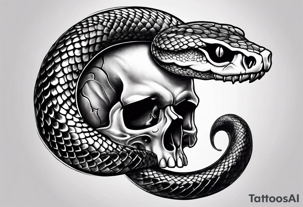 Snake intertwined into a realistic skull coming through the eye ready to strike tattoo idea