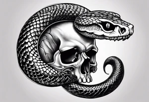 Snake intertwined into a realistic skull coming through the eye ready to strike tattoo idea