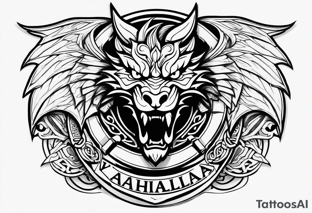 Valhalla sword shield dragon head muscle tattoo idea