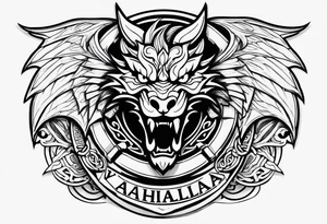 Valhalla sword shield dragon head muscle tattoo idea