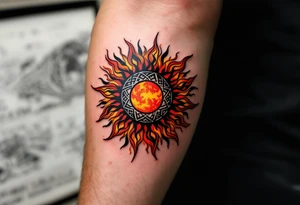The fiery blend of red, yellow, and black in this Celtic sun tattoo creates a tribal blaze on the thigh. tattoo idea