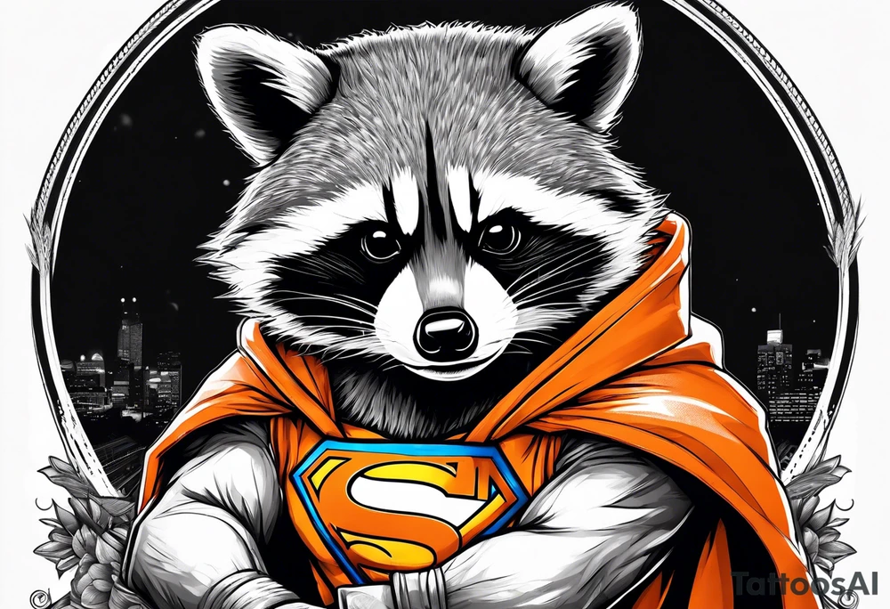 Raccoon wearing an orange Superman hoodie tattoo idea