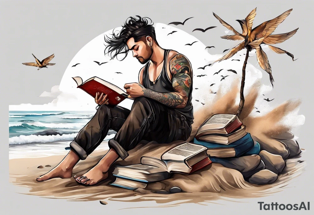 Someone is sitting on the beach reading a book and the pages are flying in the wind, the purpose of the tattoo is to emphasize that just as the pages are flying in the wind, you also have to flip through situations in life tattoo idea