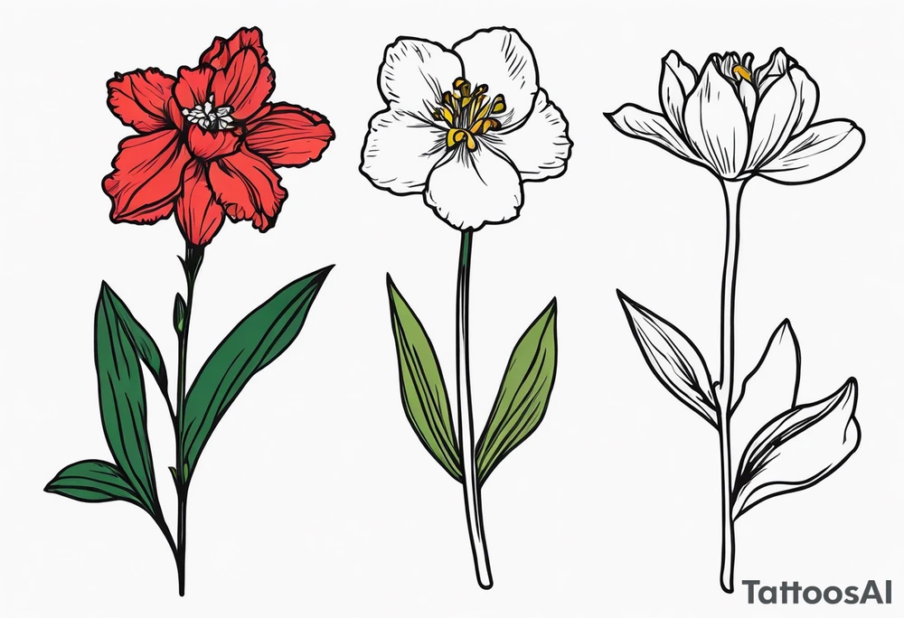 Two carnations, Two daffodils, One snowdrop, One hawthorn flower, Two honeysuckle blooms, tattoo idea