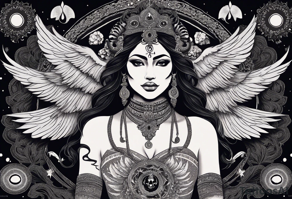 black kali, goddess pirate, alien, angel, pachamama, valkrye, warrior, flying, skull, lotus azul, wing, eagle, zenza resonance, stars, 5D, anahata chakra, death, durga, riding on a tiger, flying lady, kundalini, chest tatoo, samuri, rebel,serpent tattoo idea