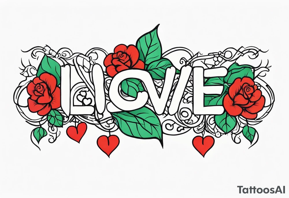 the word love repeated nine times, connected into an armband by ivy leaves and nine hearts tattoo idea