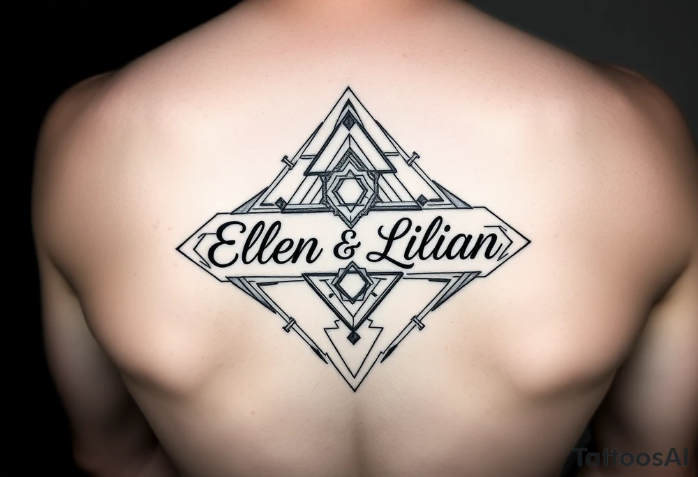 Geometric symetric with Ellen and Lilian names hidden tattoo idea