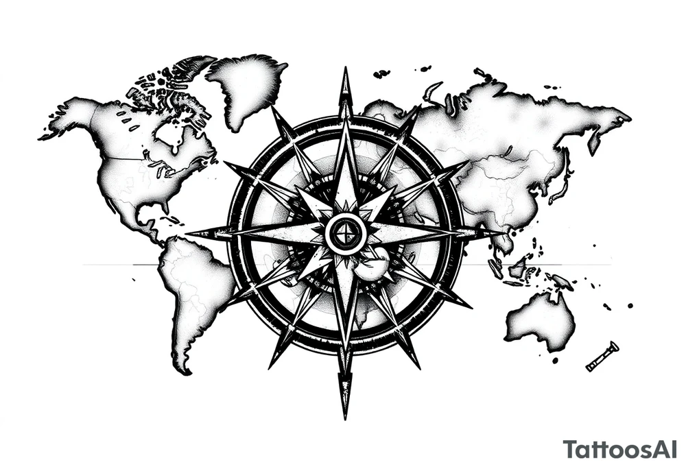 antique compass rose overlaid on weathered world map with sailing ships tattoo idea