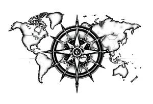 antique compass rose overlaid on weathered world map with sailing ships tattoo idea