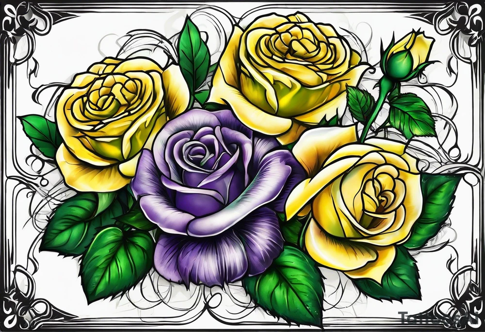 Yellow rose, purple thistle, and green shamrock with lettering KND tattoo idea
