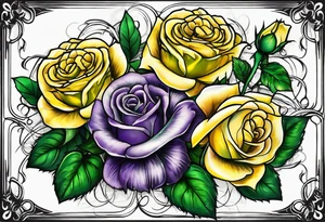 Yellow rose, purple thistle, and green shamrock with lettering KND tattoo idea