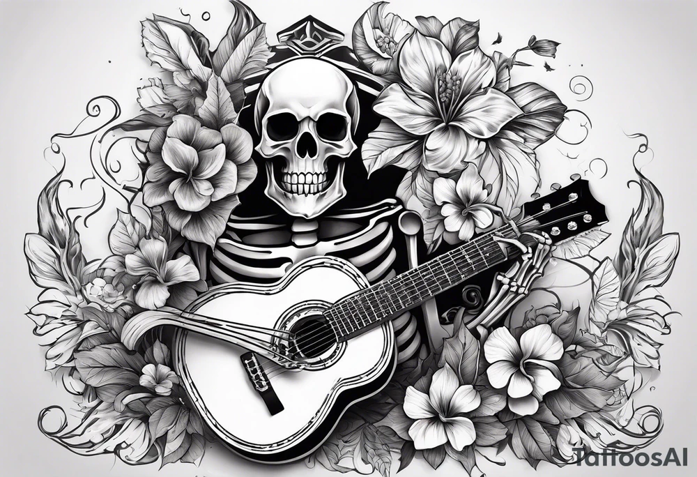 a female skeleton with hibisucs flowers, and a male skeleton playing guitar. tattoo idea