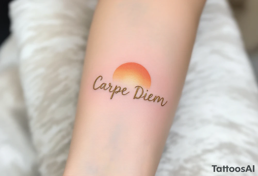 "Carpe Diem" in cursive gold ink with a sunrise gradient of soft oranges and yellows rising behind it. tattoo idea