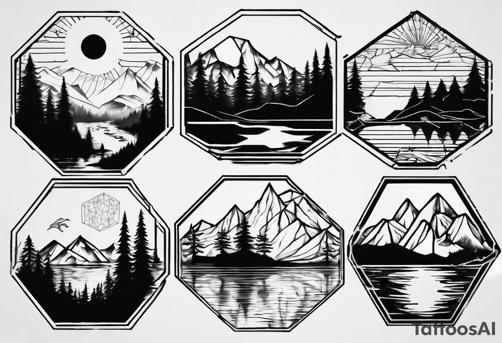 Several connected hexagons with various landscapes inside including mountain , sun, coniferous forest and lake tattoo idea