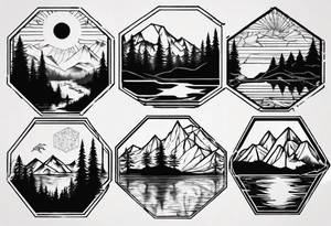 Several connected hexagons with various landscapes inside including mountain , sun, coniferous forest and lake tattoo idea