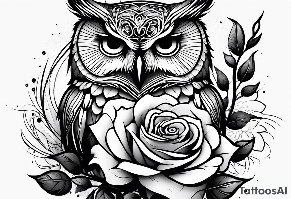 An owl, a rose, a paw print tattoo idea