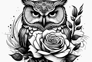 An owl, a rose, a paw print tattoo idea