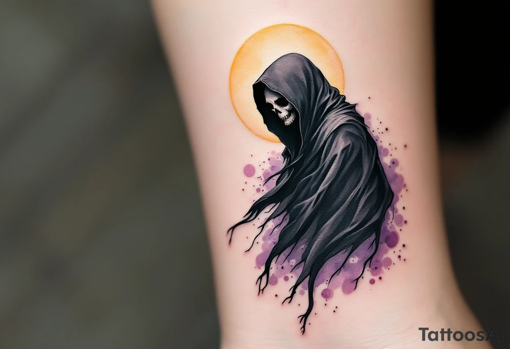 A Reaper with a tattered black cloak blowing in a violet wind under a pale yellow moon. tattoo idea