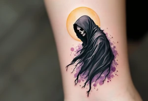 A Reaper with a tattered black cloak blowing in a violet wind under a pale yellow moon. tattoo idea