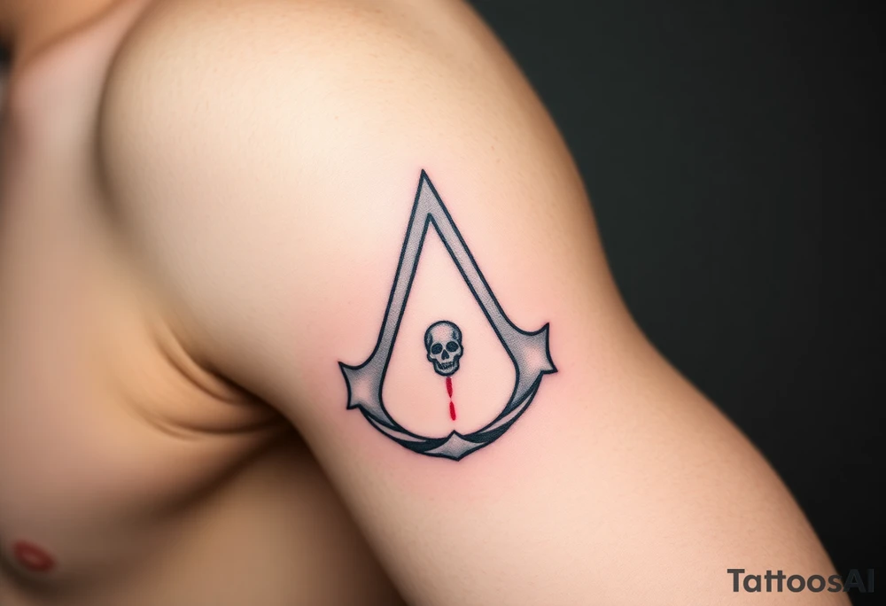 Assassins Creed emblem with main character,. Weapons with blood splashes on background. tattoo idea