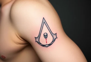 Assassins Creed emblem with main character,. Weapons with blood splashes on background. tattoo idea