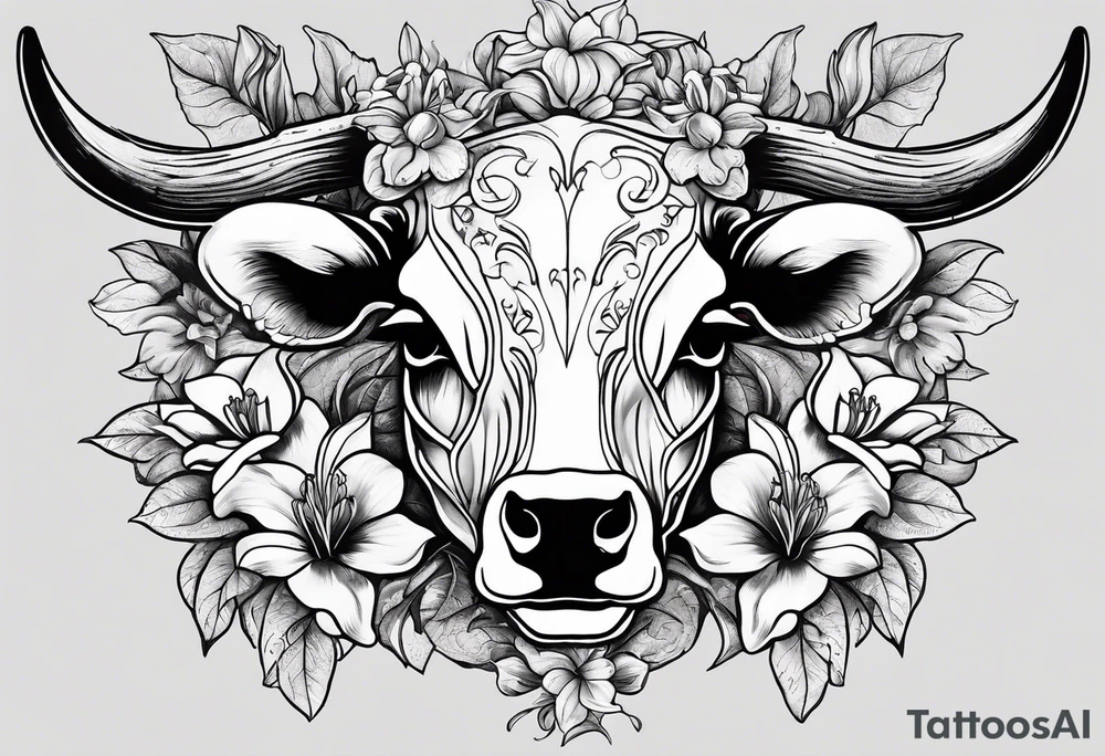 Bull skeleton with lily if the valley flowers growing out of eyes tattoo idea