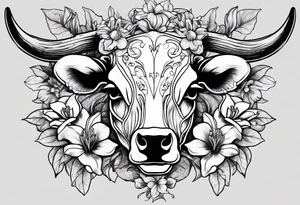 Bull skeleton with lily if the valley flowers growing out of eyes tattoo idea