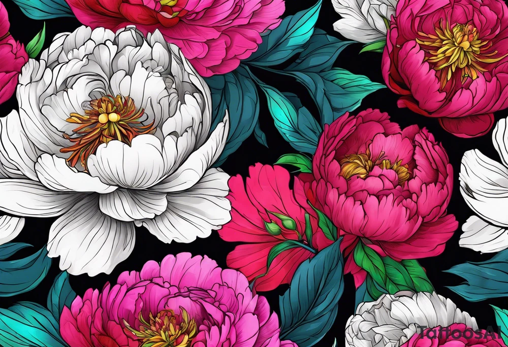 beautiful. colorful, neon, multicolored peony, white background, highly detailed, new school, new school style, street style, streetwear, urban wear tattoo idea