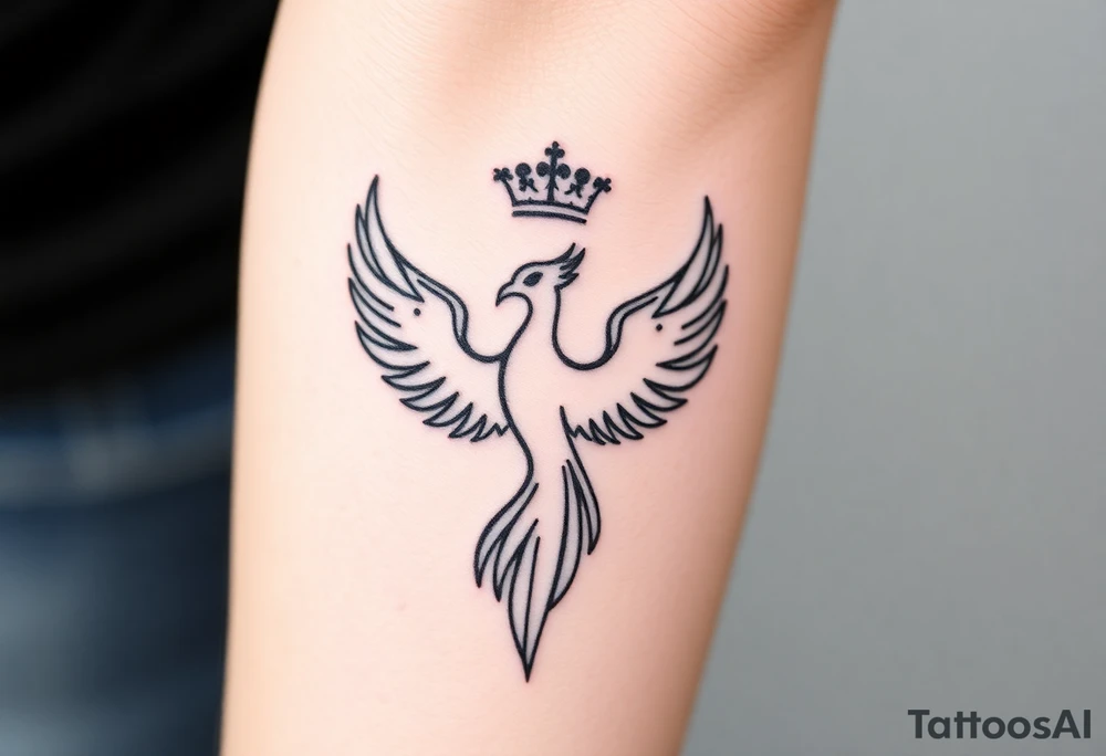 Minimal phoenix and crown fine lines tattoo idea