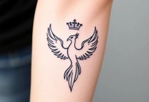 Minimal phoenix and crown fine lines tattoo idea