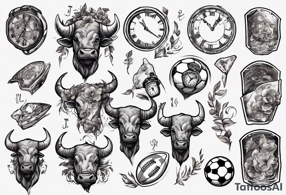 J'aimerai un taureau, et une horloge avec dedans mon chiffre 23, et à côté J'aimerai que tu rajoute une petite touche sur le football, tattoo idea
