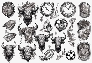 J'aimerai un taureau, et une horloge avec dedans mon chiffre 23, et à côté J'aimerai que tu rajoute une petite touche sur le football, tattoo idea