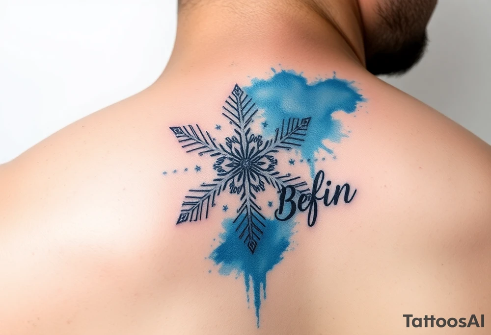 A white snowflake on Blue watercolor backround and the name „Berfin“ in it tattoo idea