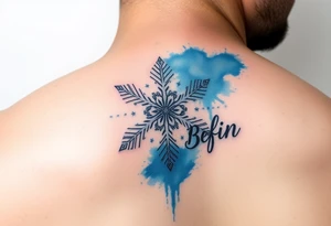 A white snowflake on Blue watercolor backround and the name „Berfin“ in it tattoo idea