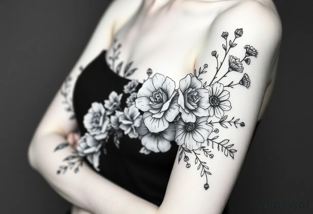 vintage bouquet of wild roses and meadow flowers with morning dew tattoo idea