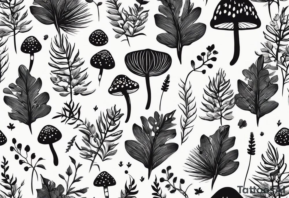 forest floor inspired minimalist tattoo, which includes grass, curly ferns, moss and dead leaves as the bulk of the tattoo. details to include: forest berries, a tiny bumblebee flying nearby, three small brown mushrooms
Generate a vertically long one tattoo idea