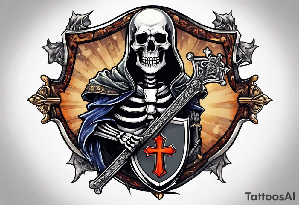 skeleton holding a shield with a cross on it tattoo idea